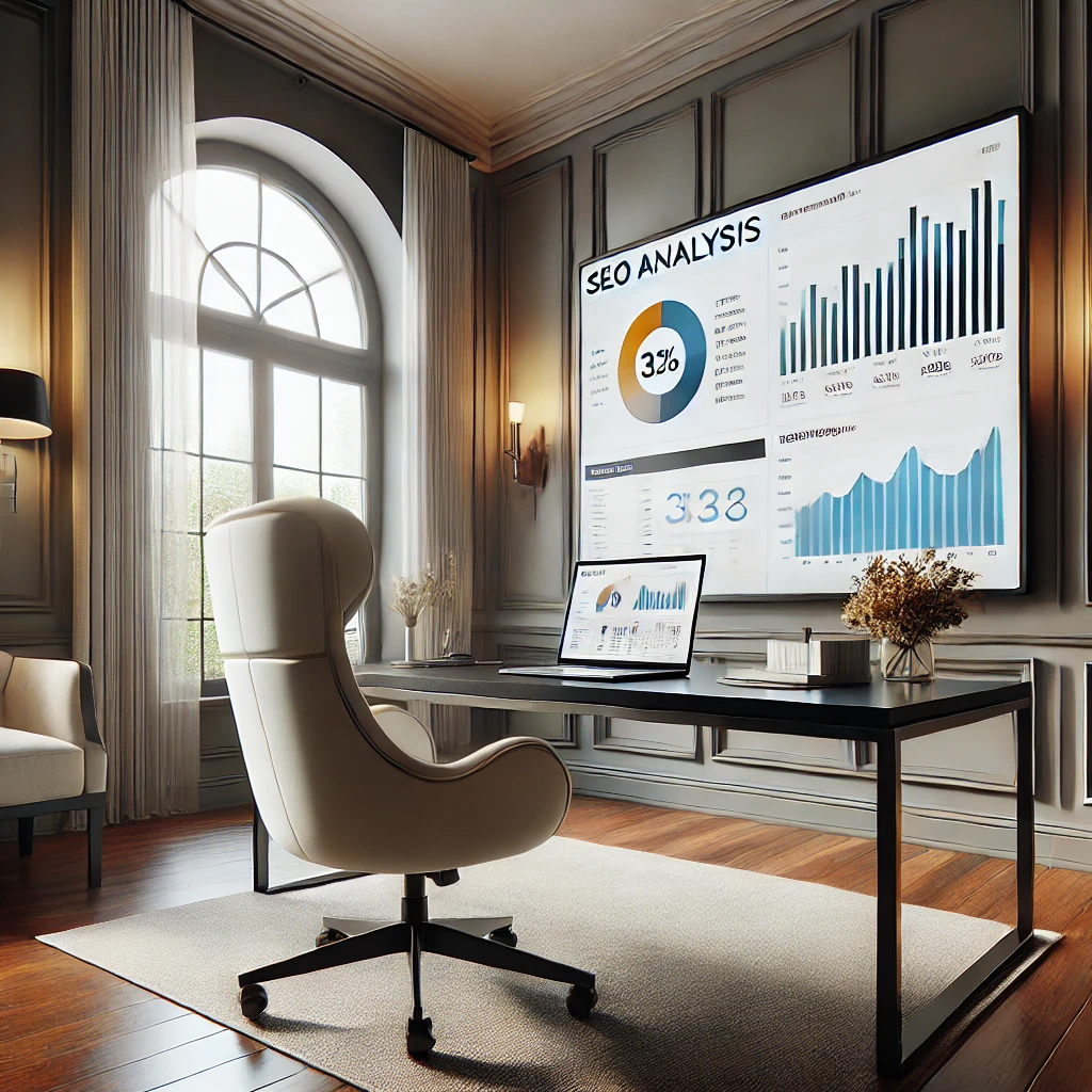 DALL·E 2025-02-18 17.23.45 - A photorealistic image of a stylish modern home office viewed from another angle. The small desk holds a single laptop displaying an SEO analysis dash