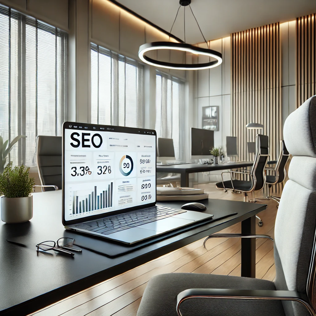 DALL·E 2025-02-18 17.25.06 - A photorealistic image of a modern office with a sleek, minimalist design. A small desk holds a slightly smaller laptop displaying an SEO analysis das